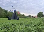 Sculpture moderne dans parc, ciel nuageux, bâtiments en arrière-plan.