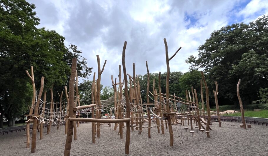 Aire de jeux en bois avec structures d'escalade.