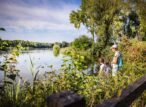 Famille observant la nature au bord du lac.