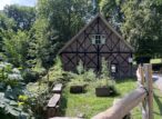 Petite maison à colombages entourée de verdure