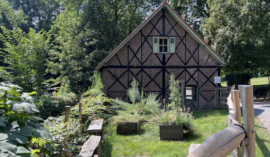 Petite maison à colombages entourée de verdure