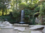 Cascade entourée de végétation dans un jardin boisé