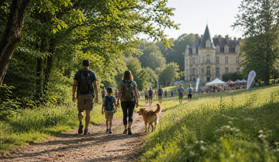 Famille avec chien marchant vers un château