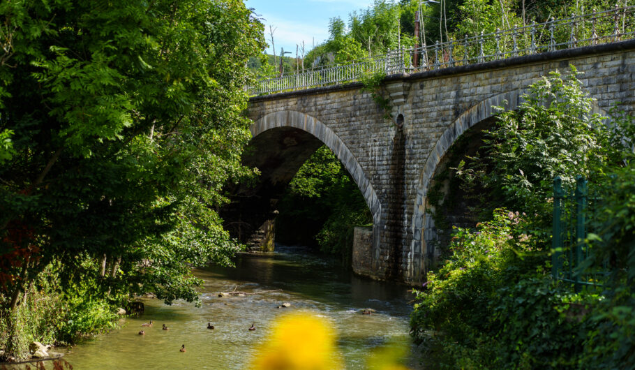 Pont en pierre au-dessus d’une rivière boisée